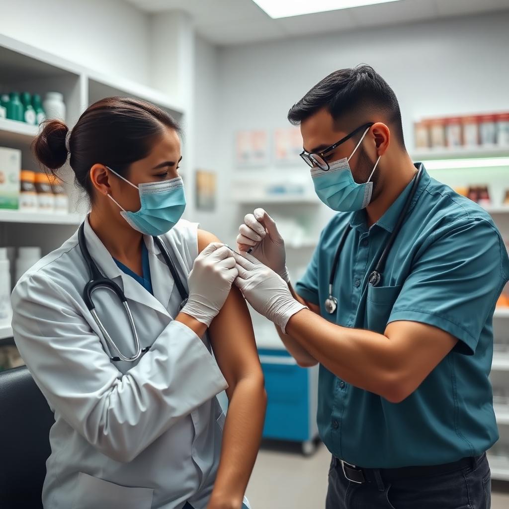 Pharmacien réalisant une injection vaccinale à un patient